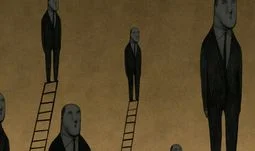 suited men on ladders 