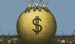 bankers sitting on a large golden ball with a dollar sign on it, surrounded 