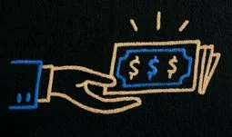 felt line art, hand holding out paper with dollar signs on