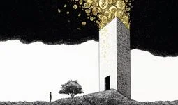A tower with money coming out, a tree and a man watching it