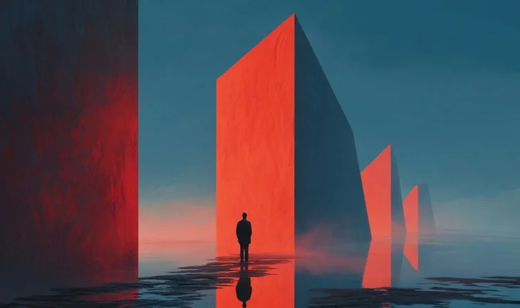 a surreal zone of red blocks and blue sky and water 