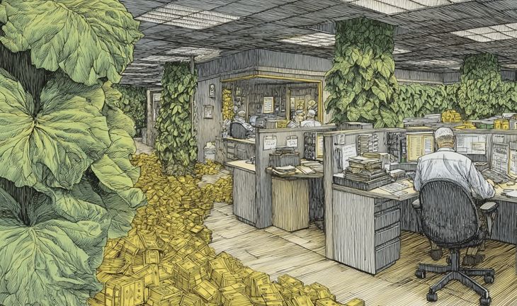 an office of money and plants