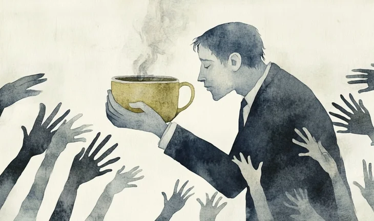 a man holding coffee while hands reach out