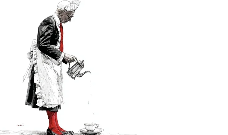 A man pouring coffee into a cup on the floor. He is dressed as a French maid