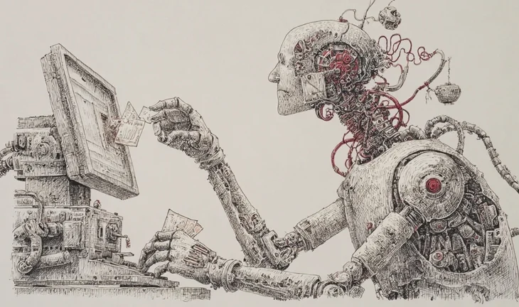 A robot sitting by a screen