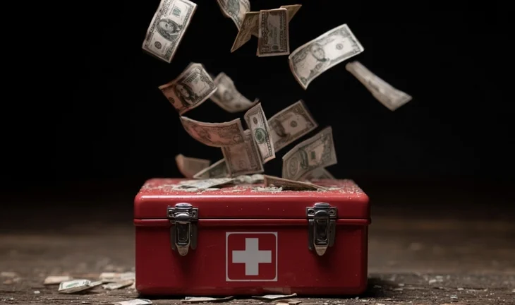 A brief case with a red cross and dollars falling onto it