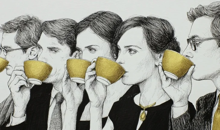 some people drinking from golden coffee cups 